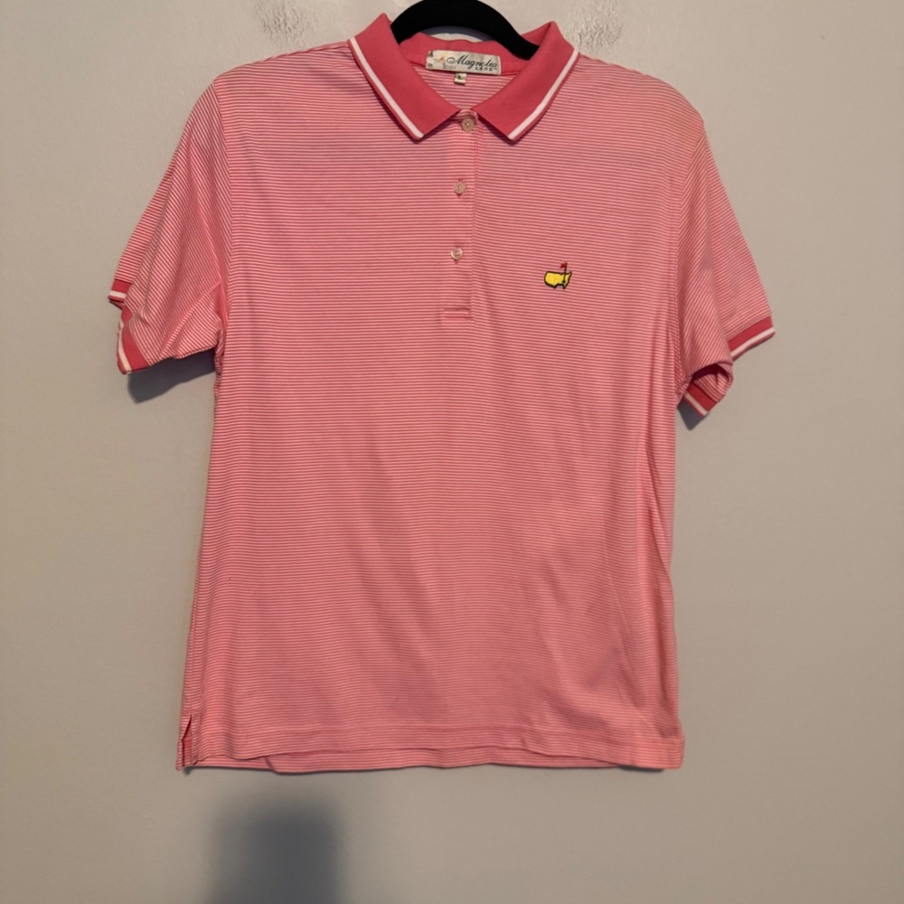 Vintage Magnolia Lane Masters polo shirt cotton L pink white stripes golf preppy